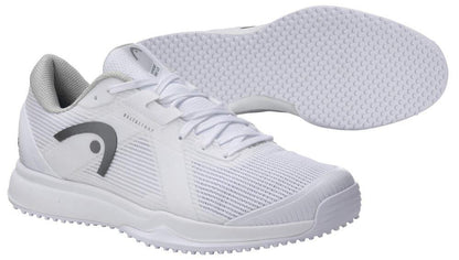 The HEAD Sprint Pro 4.0 Mens Grass Court Tennis Shoes in White/Grey feature textured soles, gray logo accents, and an Ortholite® Insole; shown with one shoe upright and the other displaying the sole pattern.