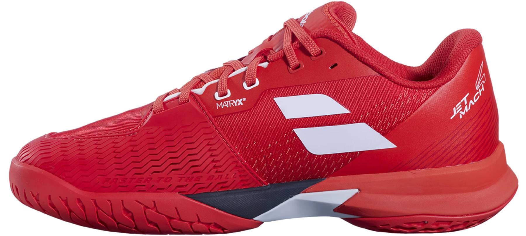 The Babolat Jet Mach 4 All Court Men's Tennis Shoes in Cherry Tomato/White feature a textured sole, Matrix branding, laces, and a low-cut design—ideal for responsive performance in sports.