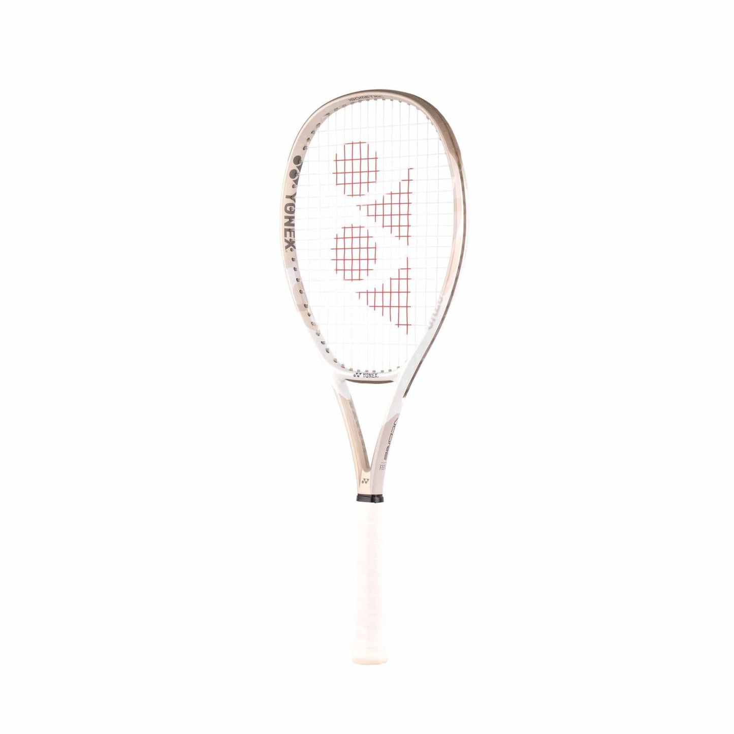 The Yonex VCORE Feel Tennis Racket in Sand Beige features a sleek frame with red markings on the strings. The handle is wrapped in white grip tape and complements the Yonex brand displayed on the side, elegantly integrating ISOMETRIC technology against a pristine backdrop.