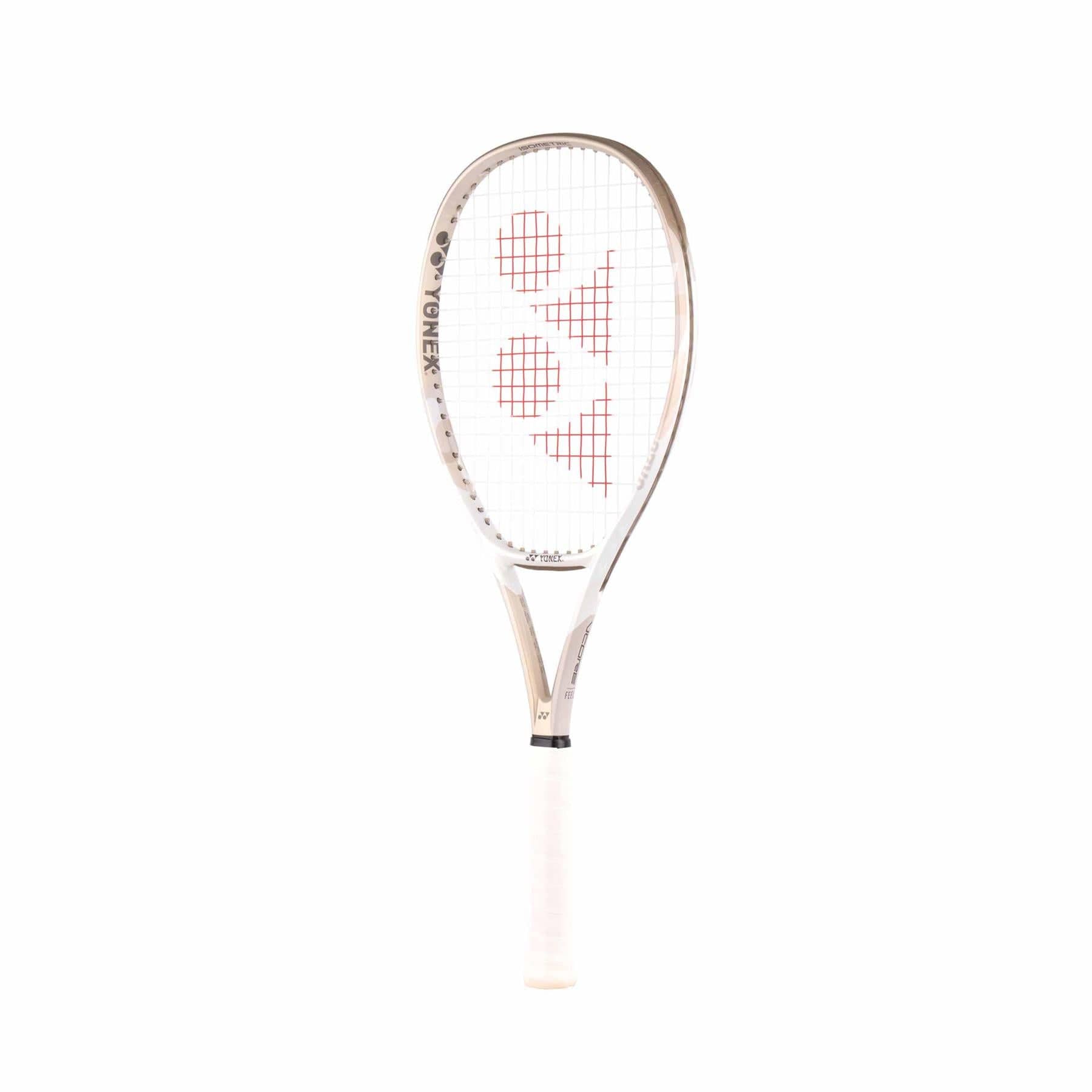 The Yonex VCORE Feel Tennis Racket in Sand Beige features a sleek frame with red markings on the strings. The handle is wrapped in white grip tape and complements the Yonex brand displayed on the side, elegantly integrating ISOMETRIC technology against a pristine backdrop.