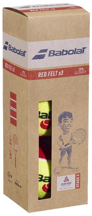 The Tennis HQ Babolat Red Felt X3 Stage 3 Tennis Balls pack includes 3 ITF-approved kids' balls in a box with player graphics and visibility windows, ideal for beginner stage 3 tennis.