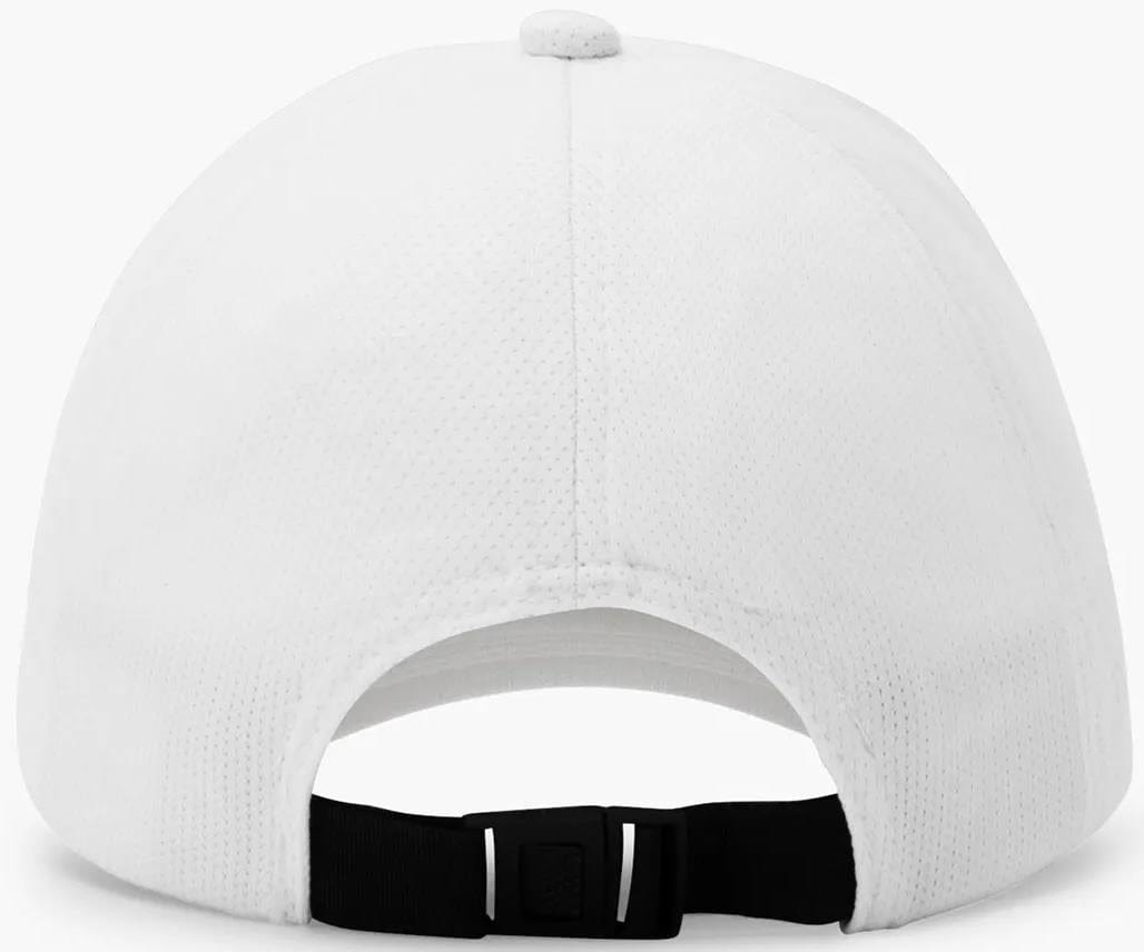 The Yonex 40125EX Tennis Cap in white is shown from the back, highlighting a black adjustable strap with a plastic buckle for easy size adjustment.