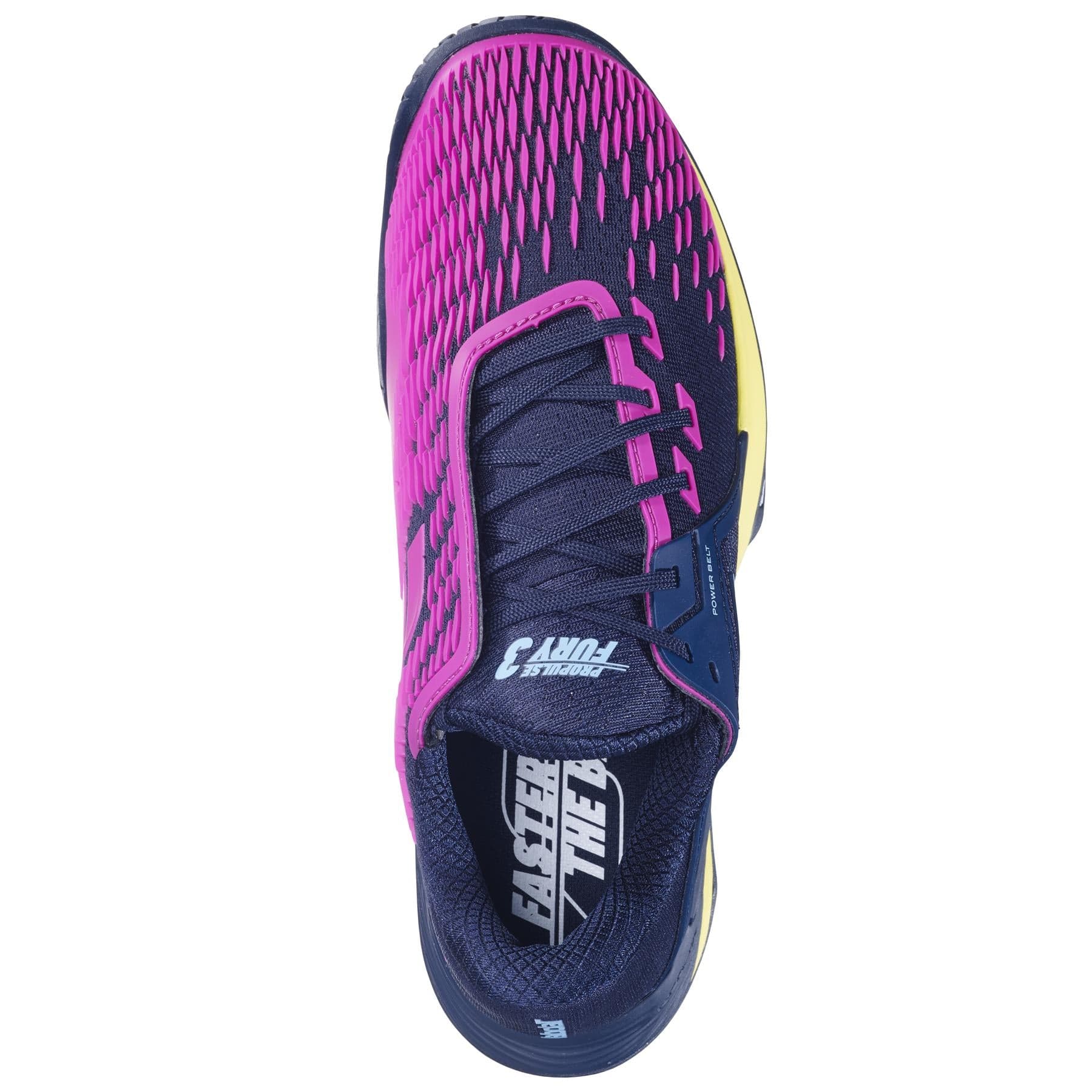 Top view of the Babolat Propulse Fury 3 2024 Men's Tennis Shoes, showcasing a vibrant design with a dark blue base complemented by dynamic pink and yellow aero patterns. The shoe features the phrase "Faster Than Ever" on the tongue, dark laces, a partly visible sole, and offers exceptional shock absorption.