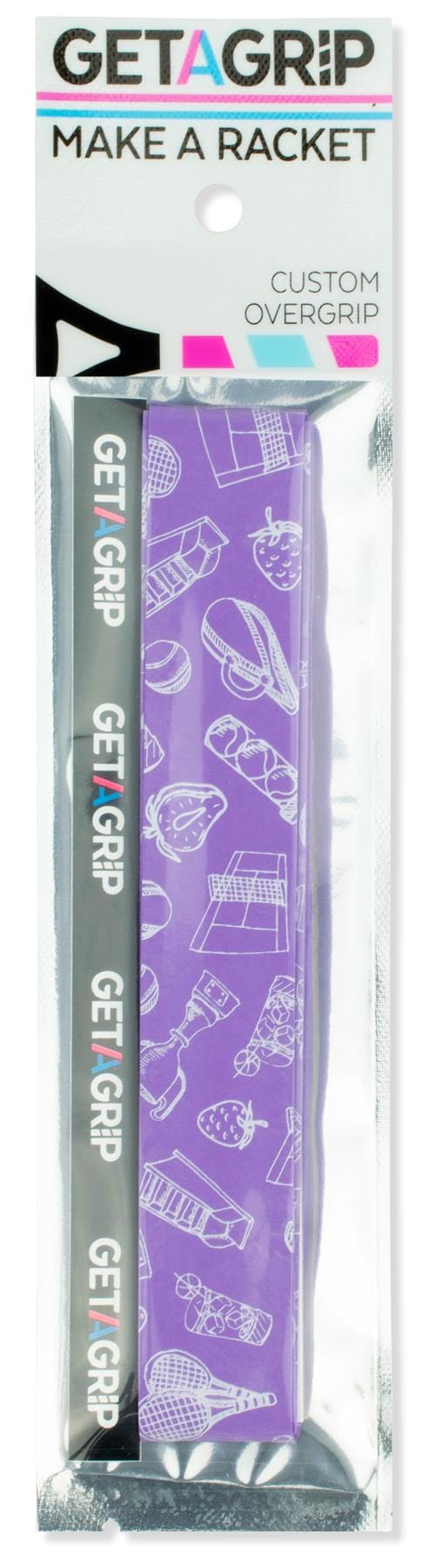 Get A Grip Tennis Overgrip - Ready? Play boasts a purple design with white tennis gear and fruit illustrations, silver packaging, and black, white, and pink accents—perfect as a unique tennis gift.