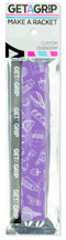 Get A Grip Tennis Overgrip - Ready? Play boasts a purple design with white tennis gear and fruit illustrations, silver packaging, and black, white, and pink accents—perfect as a unique tennis gift.