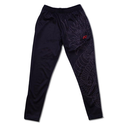 Introducing the Yonex CNY2024 Linear Dragon Unisex Tennis Tracksuit Pants in black: athletic wear featuring a subtle Linear Dragon design on one leg and a small red logo on the upper thigh. With an elastic waistband and a tapered fit, these pants offer the perfect combination of style and comfort for any activity.