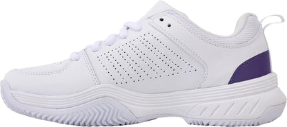 The K-Swiss Court Express 2 Clay Women’s Tennis Shoes in White/Purple Haze/Neo Lavender feature a textured sole, perforated side panels, white laces, and a purple heel accent—perfect for clay court play.
