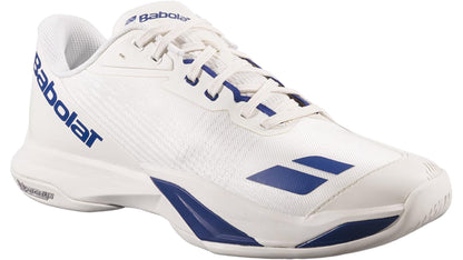 The Babolat Jet Mach 4 All Court Men's Tennis Shoes in Cream/Dark Blue feature a mesh upper, lace-up closure, Babolat branding on the side, and a textured rubber sole for agility and grip.