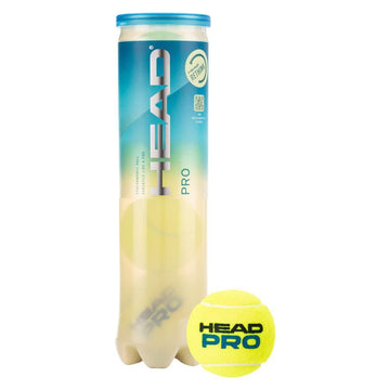 A HEAD Pro Tennis Balls tube features one ball outside, displaying the HEAD logo. The packaging is blue and white, with a transparent section that reveals the yellow balls inside. These tennis balls are enhanced with SmartOptik felt for improved visibility on the court.