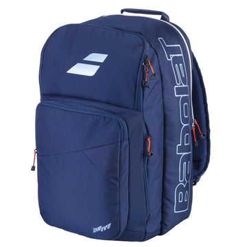 The Babolat Pure Drive Tennis Backpack - Blue by Babolat is a stylish and functional tennis racket bag featuring multiple zippered compartments and bold white “Babolat” and “Drive” logos, perfect for players on the go.