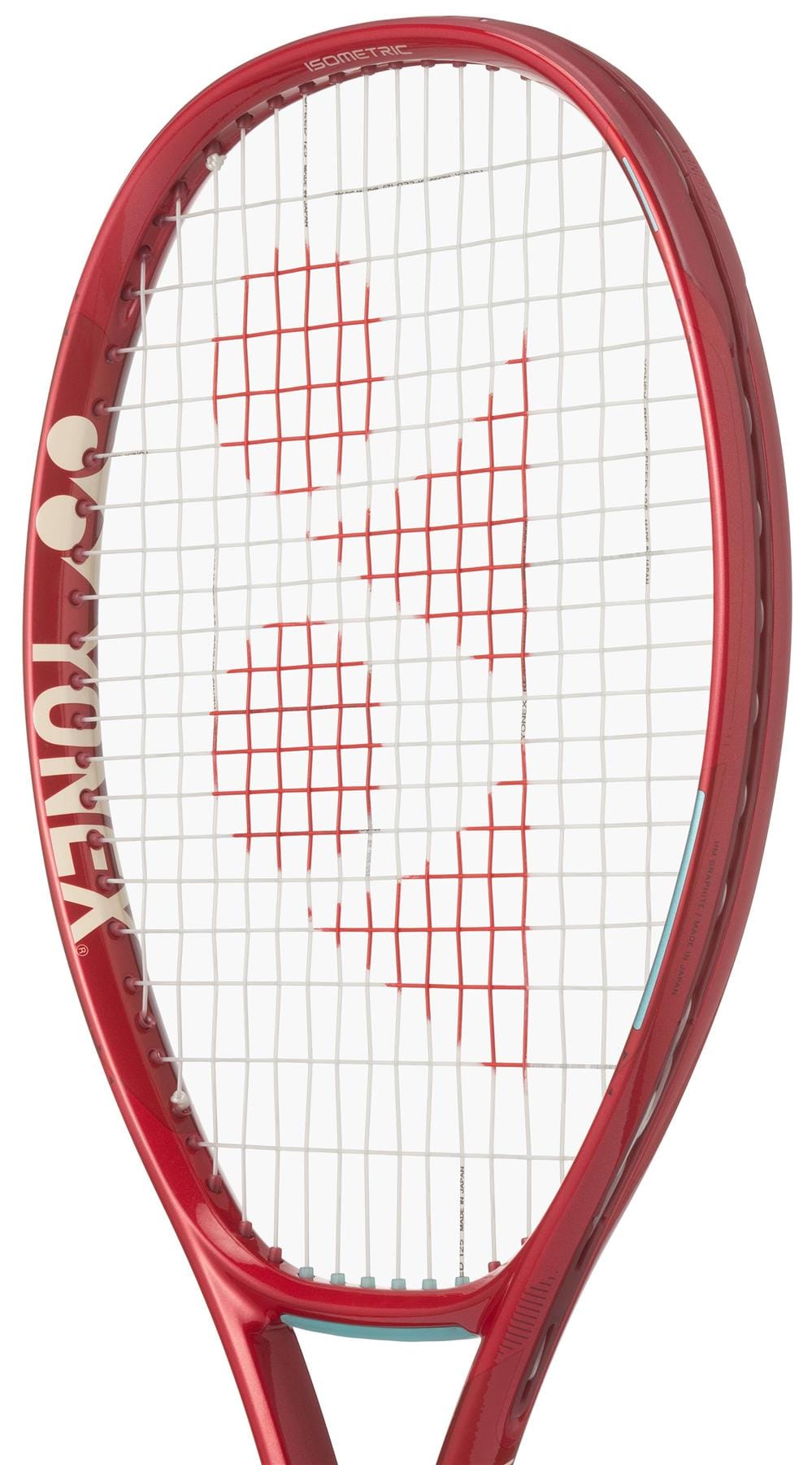 A close-up of the Yonex 08 VCORE 100L 2026 Tennis Racket in Ruby Red shows white strings with a red logo pattern and "YONEX" visible on the frame, designed for enhanced spin.