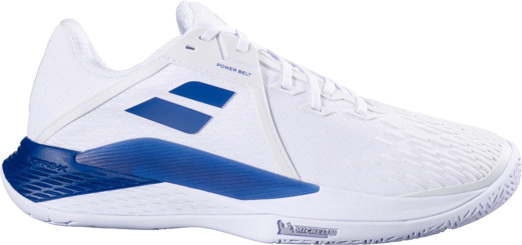 The Babolat Propulse Fury 3 All Court Men's Tennis Shoes in White/Dark Blue feature a textured upper, blue heel counter, and Babolat branding on the side and sole. The Michelin logo is also present on the sole.