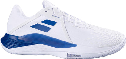 The Babolat Propulse Fury 3 All Court Men's Tennis Shoes in White/Dark Blue feature a textured upper, blue heel counter, and Babolat branding on the side and sole. The Michelin logo is also present on the sole.