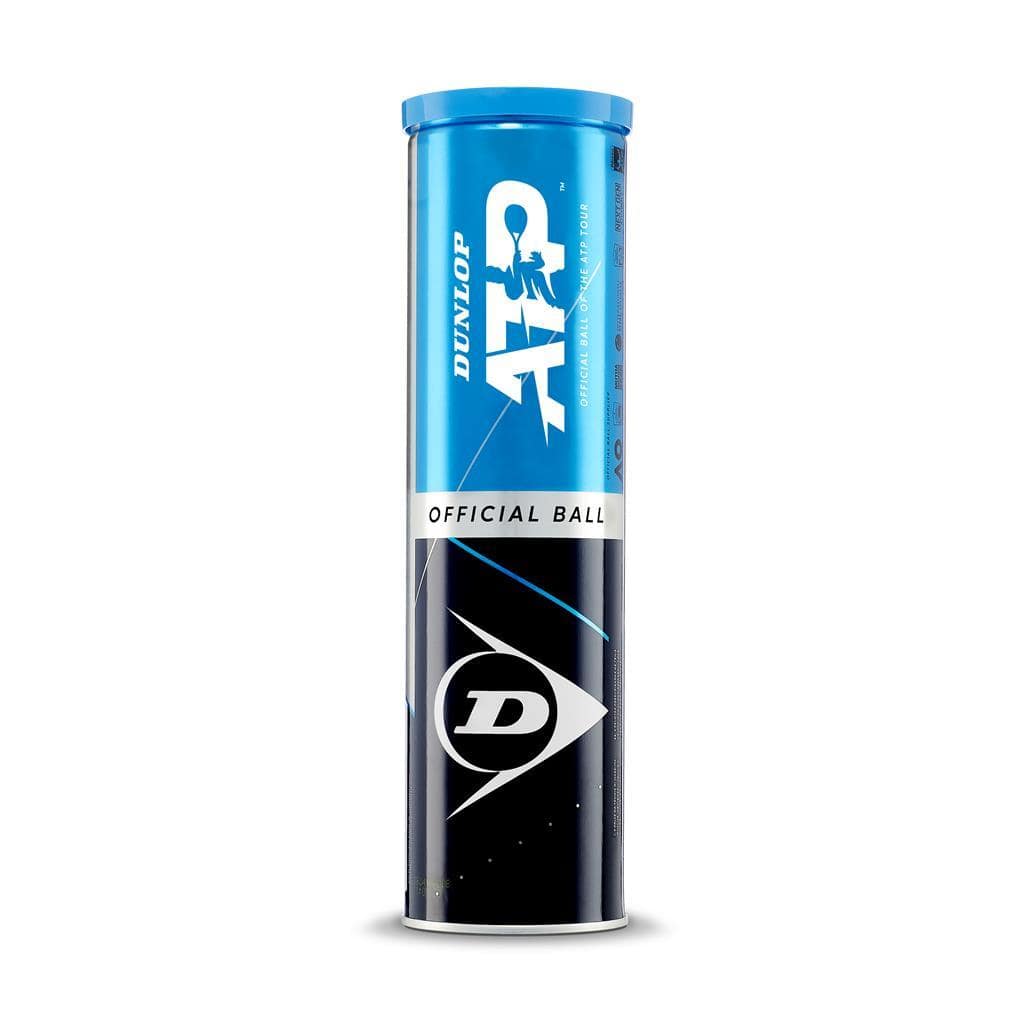 The Dunlop ATP Official Balls - 4 Ball Tube features a sleek blue and black design with the Dunlop logo and the "Official Ball" text. These ITF Approved balls, equipped with HD Pro Cloth, are perfect for any match on the ATP World Tour.