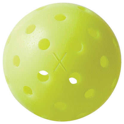 Franklin Outdoor X-40 Pickleball Balls (3 Ball) in yellow, made of plastic with evenly spaced holes and a raised "X" marking, perfect for US Open Pickleball Championships play.