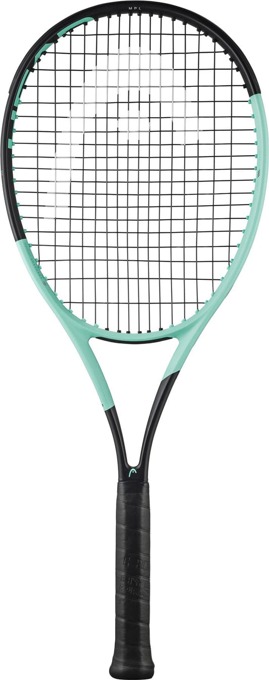 The HEAD Boom MP L 2024 Tennis Racket showcases a sophisticated black frame highlighted by mint accents at the top and sides. Its handle, wrapped in black grip tape, offers a secure hold while Graphene Inside guarantees robustness and enhanced performance. The strings are arranged in a standard grid pattern to ensure optimal playability.