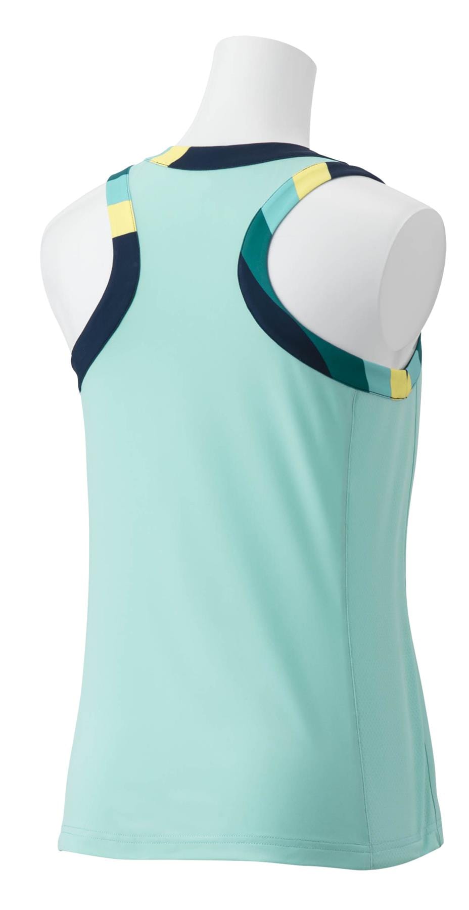 The image displays the back view of the Yonex 20753EX Women's Tennis Tank Top in cyan on a mannequin. This sleeveless sports top features dark green and yellow accents on the straps and collar, designed with VERYCOOL technology to improve UV protection.