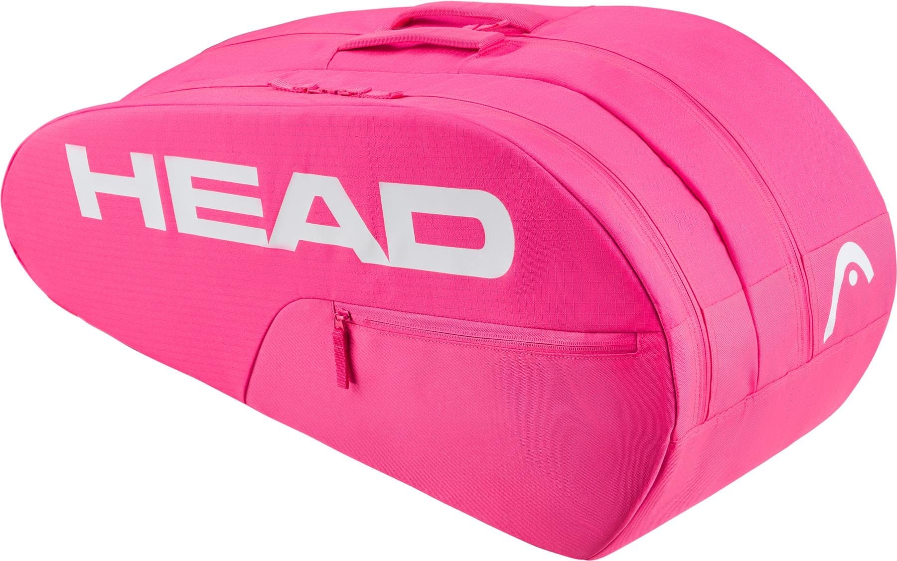 The HEAD Base 6 Racket Tennis Bag M - Pink is a spacious tennis bag for up to 6 rackets, featuring the white HEAD logo, zippered side pocket, and carry handles.