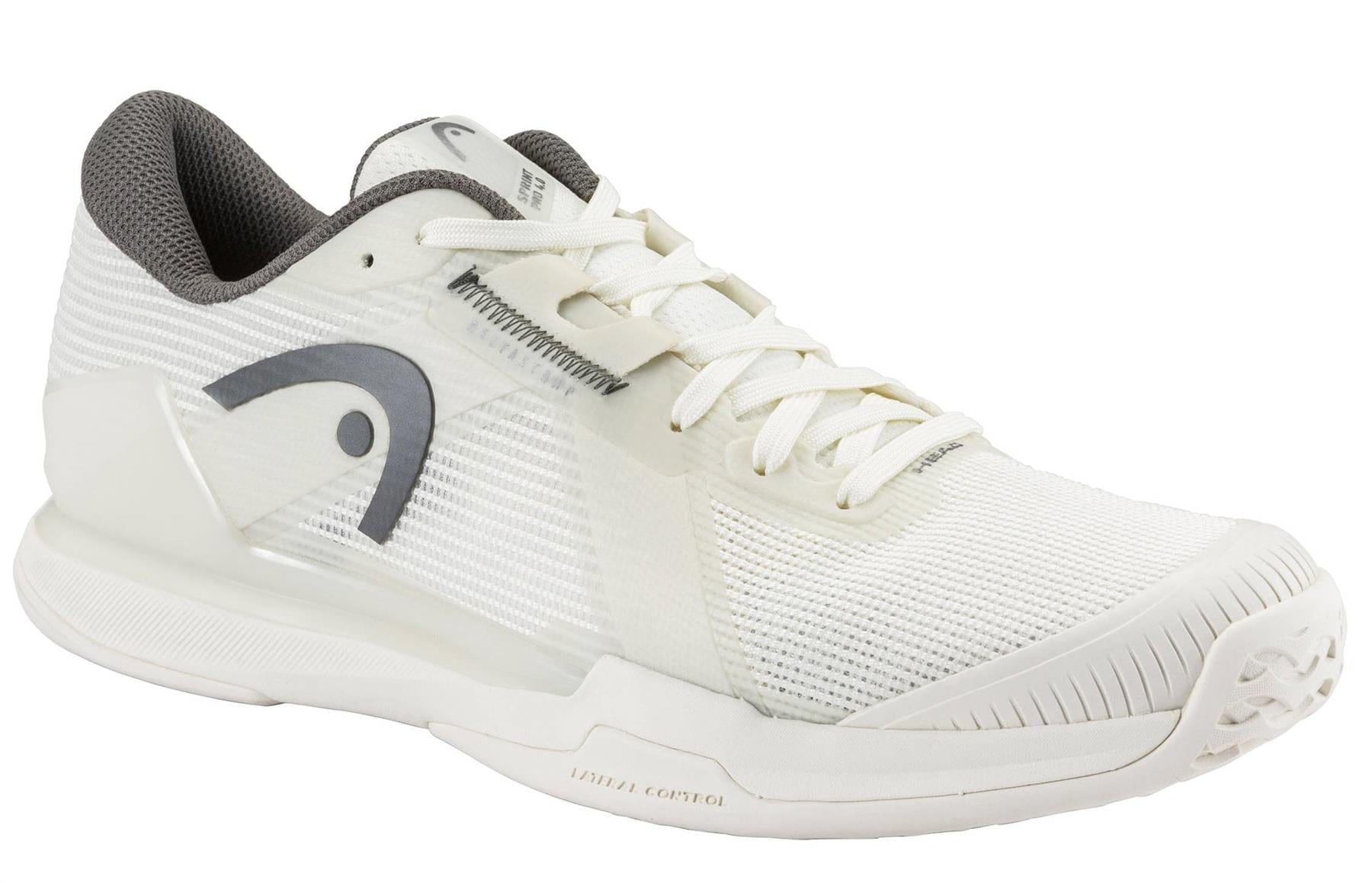The HEAD Sprint Pro 4.0 Men's Tennis Shoes in Chalk White/Dark Grey feature a breathable mesh upper, white laces, gray accents, and a side logo—ideal for sports or casual wear.