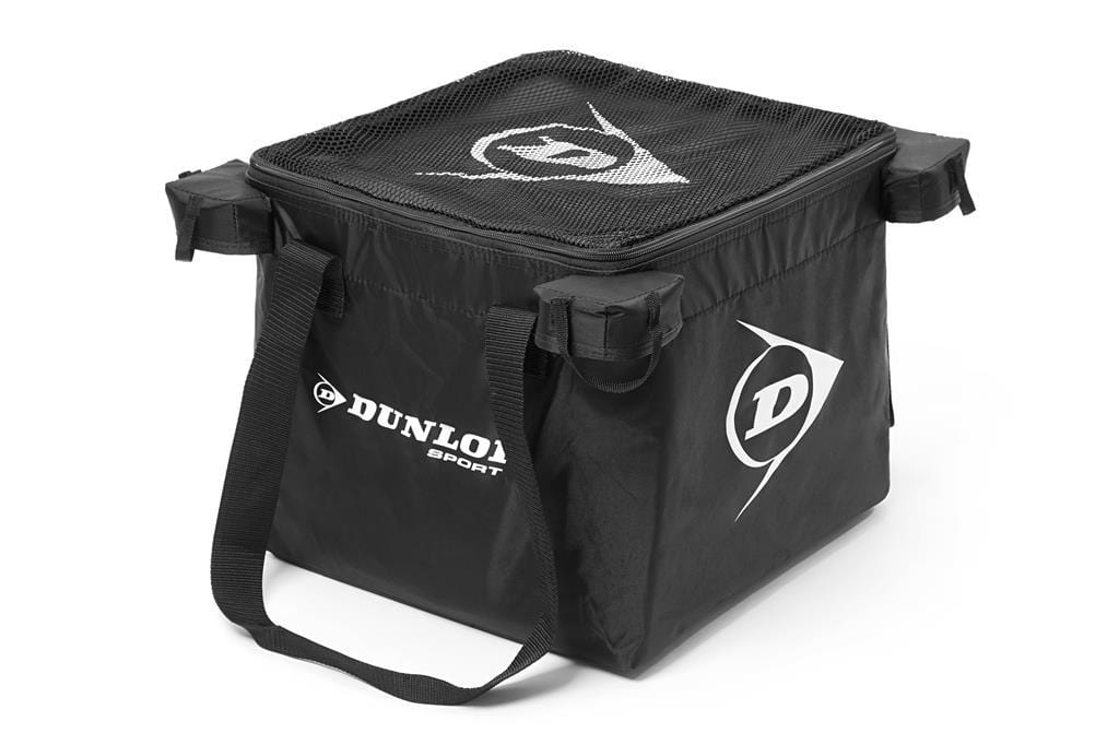 The Dunlop Foldable Teaching Tennis 144 Ball Cart Bag, ideal for tennis instruction, comes in black and features a mesh top along with shoulder straps showcasing the Dunlop logo. It's crafted to carry athletic gear or be converted into a practical tennis ball cart for training.