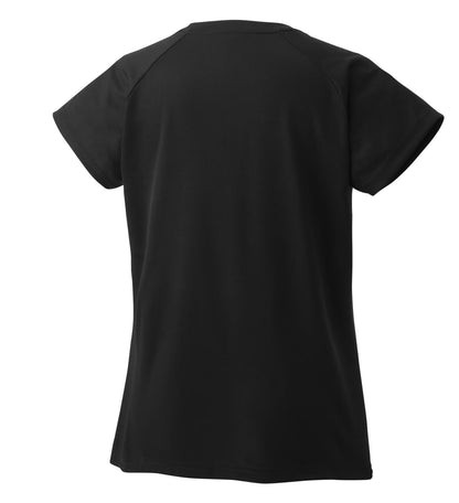 The Yonex 16694EX Women's Tennis T-Shirt in black is displayed from the back, featuring short sleeves and a crew neck. Its simple design showcases a solid color, with fabric that looks soft and comfortable, offering quick-drying properties and UV reduction to ensure optimal performance.