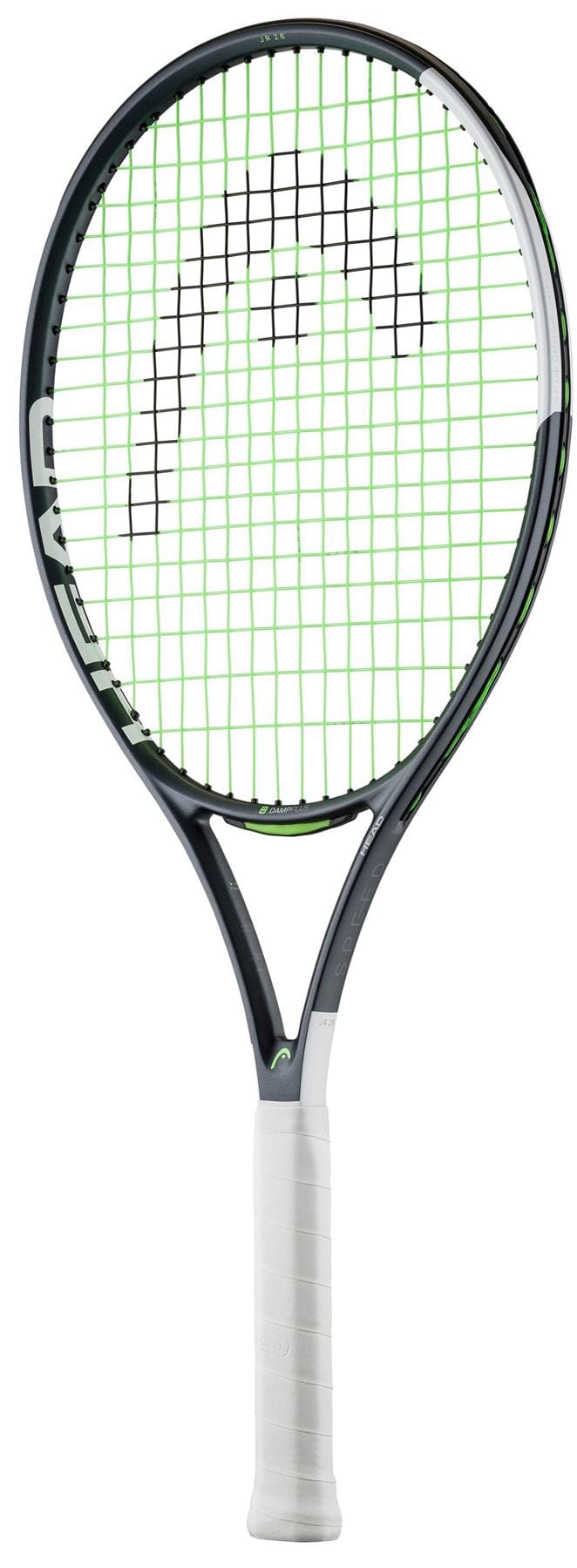The HEAD IG Speed Junior 26 2026 Tennis Racket for kids, in black and green with a white grip, features a large head and tightly woven strings, shown against a white background.