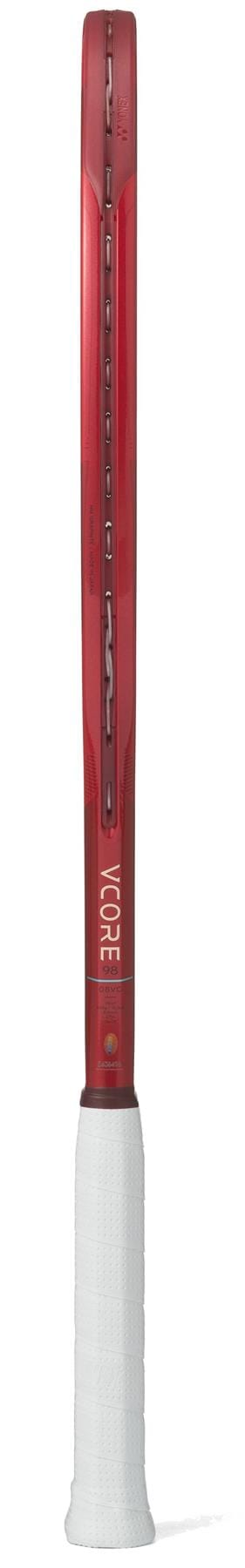 The Yonex VCORE 98 Ruby Red 2026 Tennis Racket features a slim side profile, white grip handle, and Yonex branding on the throat, offering style and control for players seeking maximum spin on the court.