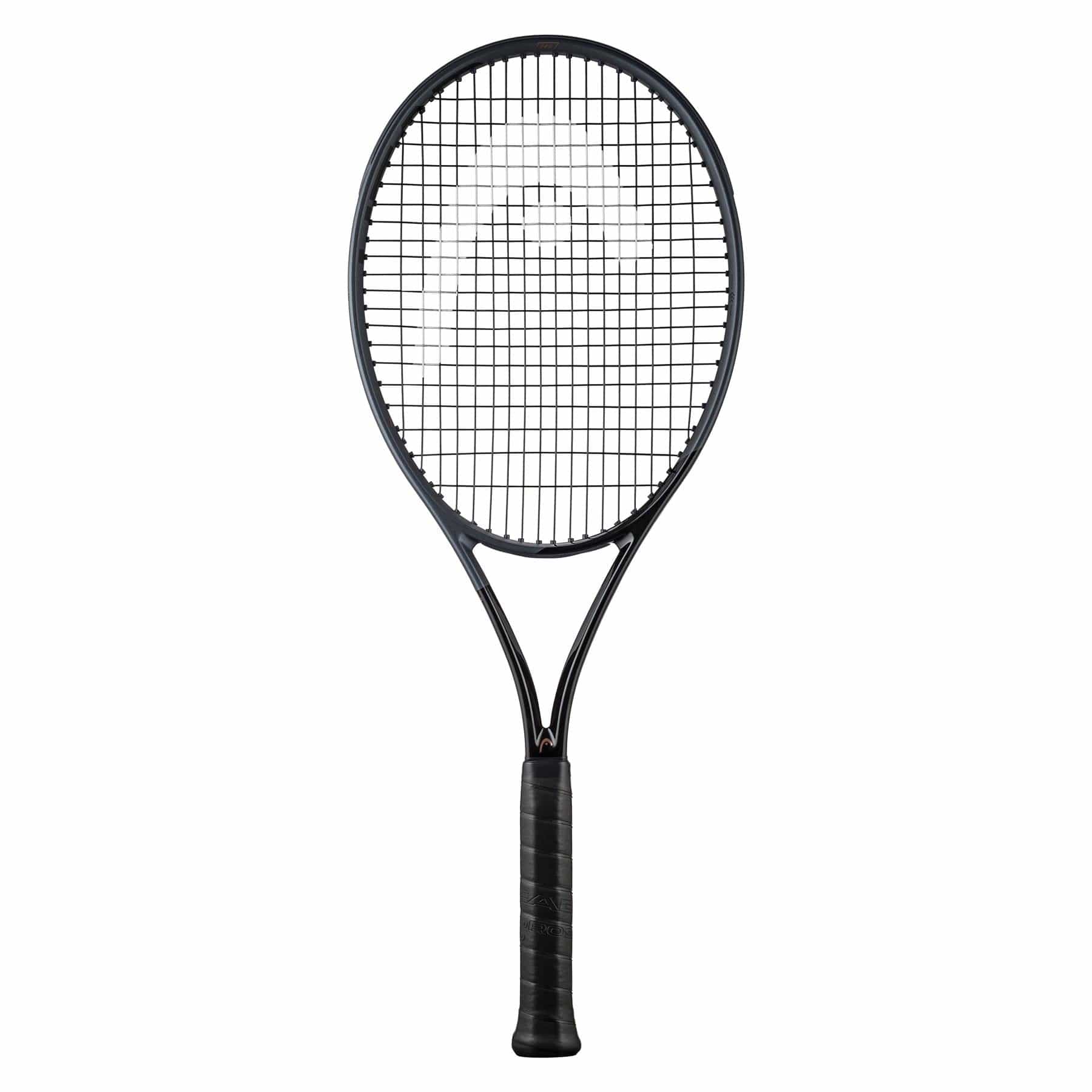 The HEAD Speed Pro LTD 2023 Tennis Racket - Black (Frame Only) from HEAD displays a sophisticated black design with Graphene Inside technology, complete with a mesh string pattern and a stylish black grip handle, set against a white background.