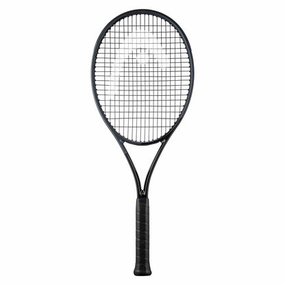 The HEAD Speed Pro LTD 2023 Tennis Racket - Black (Frame Only) from HEAD displays a sophisticated black design with Graphene Inside technology, complete with a mesh string pattern and a stylish black grip handle, set against a white background.