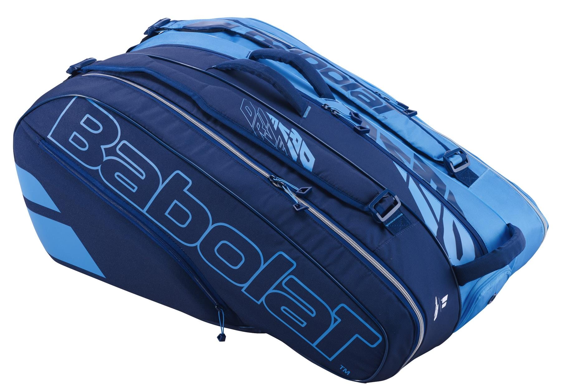 The Babolat RH12 Pure Drive 12 Racket Tennis Bag in blue is a stylish and practical choice for any tennis enthusiast, featuring the iconic Babolat branding prominently in large letters. It offers multiple compartments, including an insulated section, all accessible via convenient zippers.