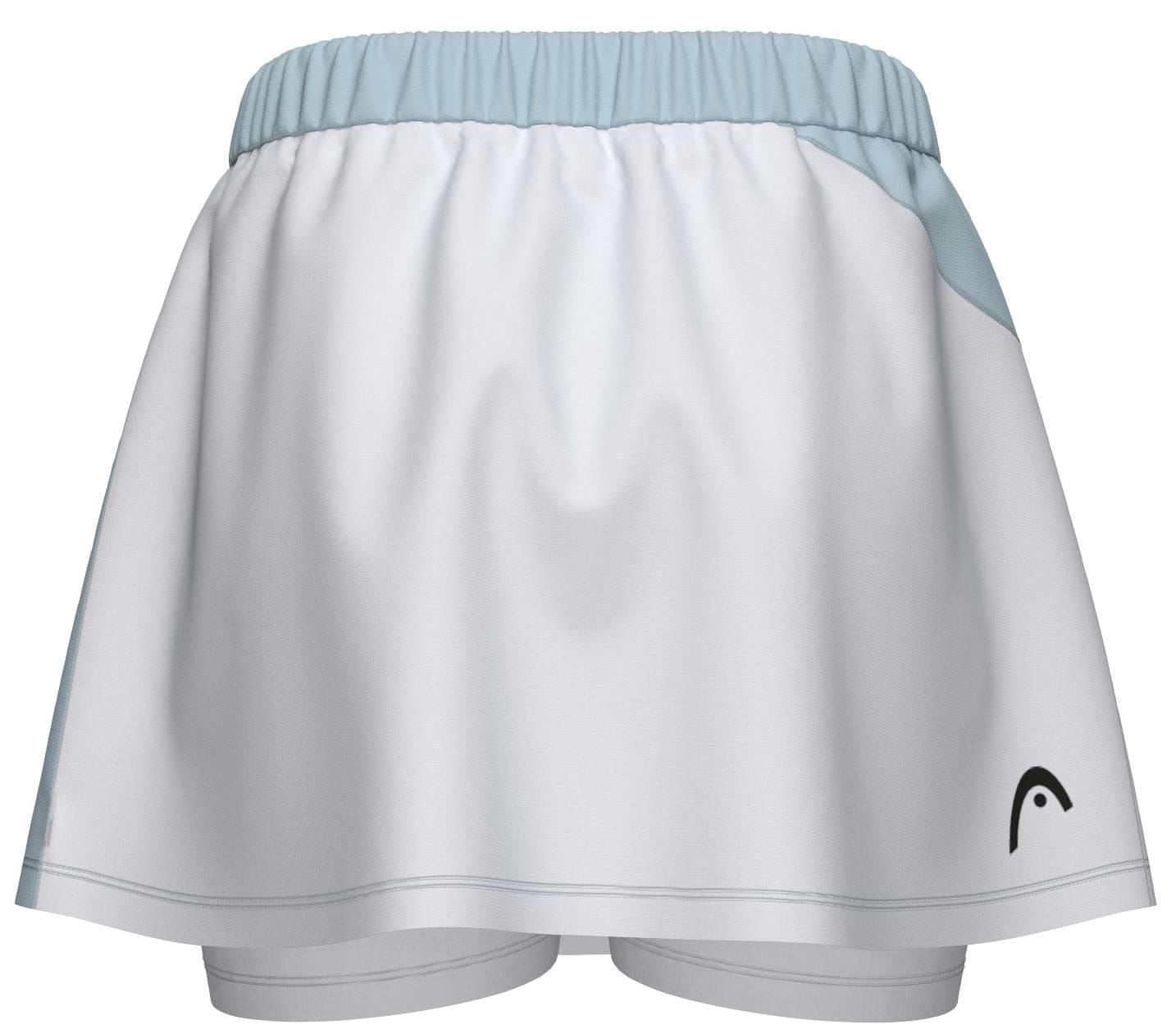 The HEAD Dynamic Womens Tennis Skort in light blue and white features a light blue waistband, side accents, elastic waist, 4-way stretch fabric, built-in shorts, moisture-wicking comfort, and a small black logo on the lower right side.