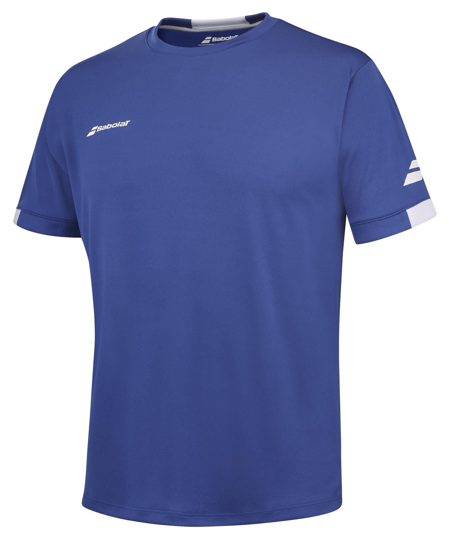 The Babolat Play Men's Crew Neck Tennis T-Shirt in Sodalite Blue is made from recycled polyester and showcases a white logo on both the chest and sleeve. Featuring a round neckline and a straightforward, athletic design, this Fiber Dry shirt is ideal for tennis or casual wear.