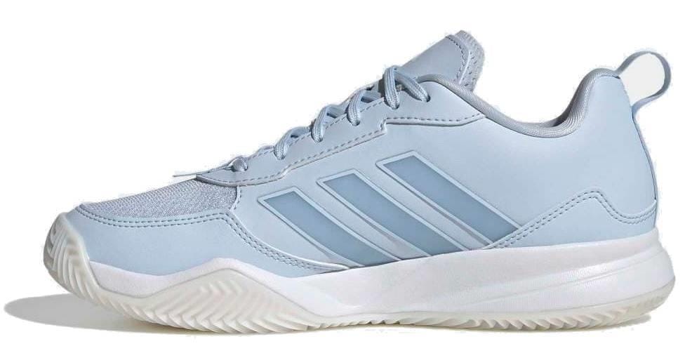 The adidas ADIDAS AvaFlash Womens Tennis Shoes - Blue feature a light blue design, white sole, lace-up closure, breathable mesh upper, and three diagonal stripes on the side, shown from the left.