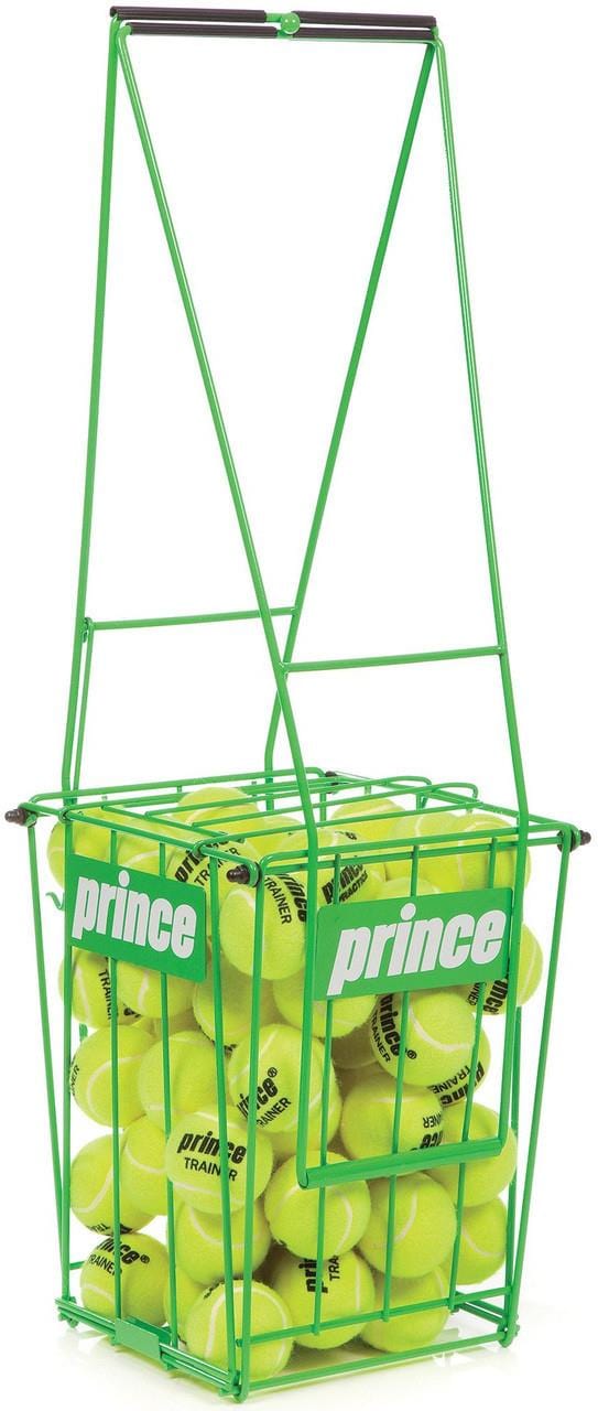 The Prince 70 Tennis Ball Basket in green, filled with yellow tennis balls, prominently displays the brand name "Prince." This expertly designed basket, equipped with a handle for convenient carrying, is ideal for storing and transporting tennis equipment.