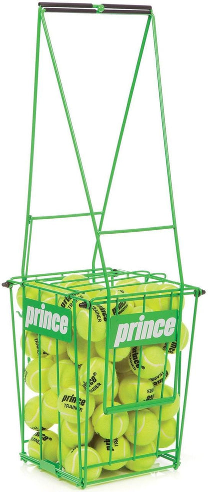 The Prince 70 Tennis Ball Basket in green, filled with yellow tennis balls, prominently displays the brand name "Prince." This expertly designed basket, equipped with a handle for convenient carrying, is ideal for storing and transporting tennis equipment.