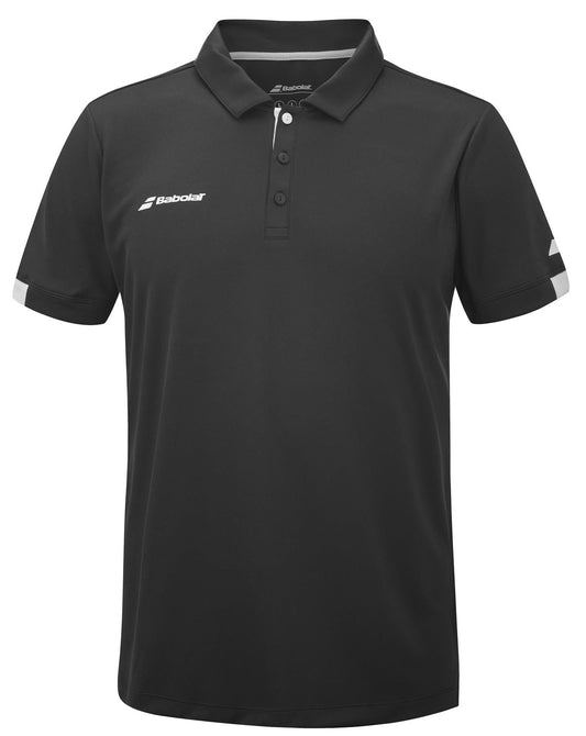 The Babolat Play Men's Tennis Polo Shirt in black boasts short sleeves and a button-up collar. It includes subtle branding on the front, a small logo on one sleeve, and utilizes Fiber Dry technology to keep you comfortable during casual outings or intense tennis matches.