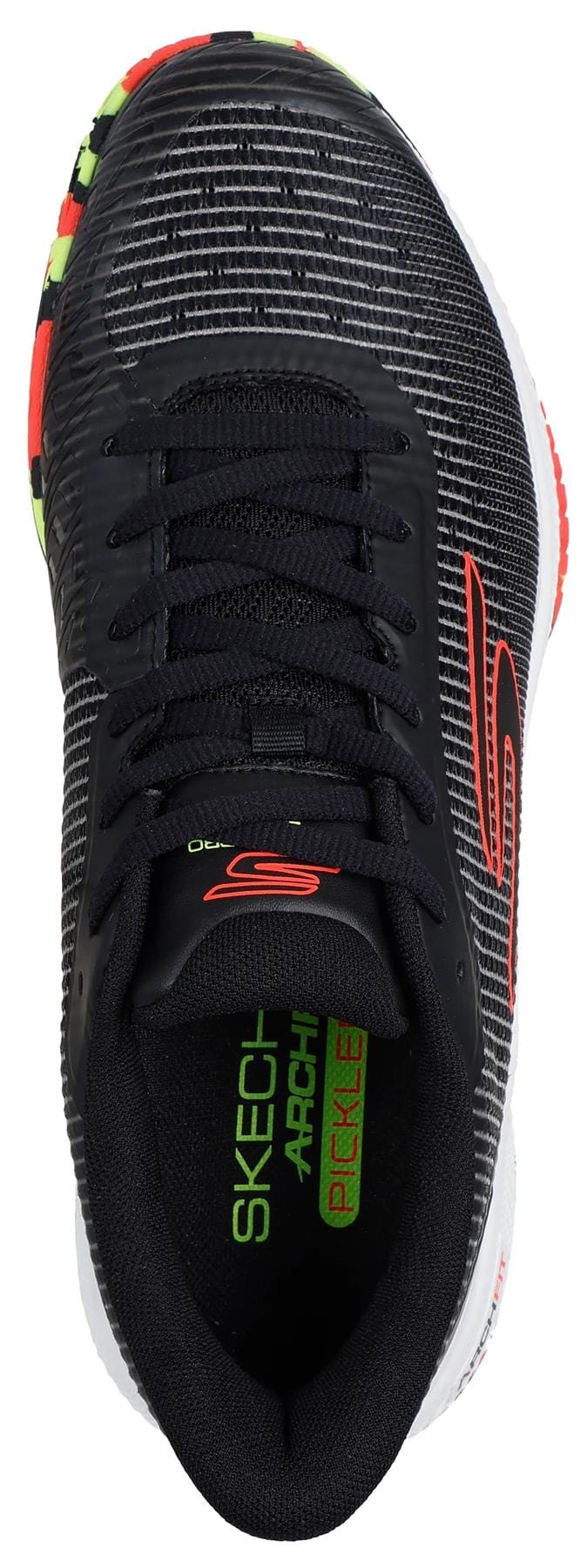 Black/multi Skechers Viper Court Pro 2.0 tennis shoes viewed from above, featuring Arch Fit support, a neon green insole marked "Skechers Arch Fit Pickleball," and red accents at the side and toe.