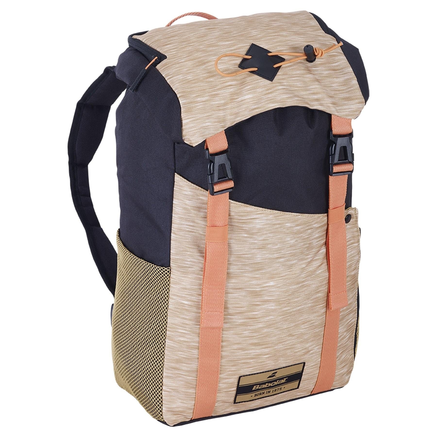 Introducing the Babolat Classic Backpack - Beige, a fashionable and eco-friendly backpack from Babolat. This backpack boasts a beige and black color combination with striking orange accents and is secured by a top flap with buckles. It includes practical features such as side mesh pockets, adjustable shoulder straps, and a front label. Perfect for tennis enthusiasts or as an everyday bag.