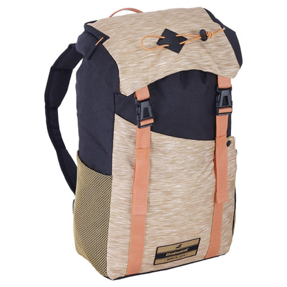 Introducing the Babolat Classic Backpack - Beige, a fashionable and eco-friendly backpack from Babolat. This backpack boasts a beige and black color combination with striking orange accents and is secured by a top flap with buckles. It includes practical features such as side mesh pockets, adjustable shoulder straps, and a front label. Perfect for tennis enthusiasts or as an everyday bag.