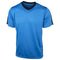 The Yonex YTM3 Men's Tennis T-Shirt in navy showcases a minimalist design with black accents on the shoulders and a black V-neck collar. Made from breathable polyester, it provides comfort and features the "Yonex" brand name prominently near the right shoulder.