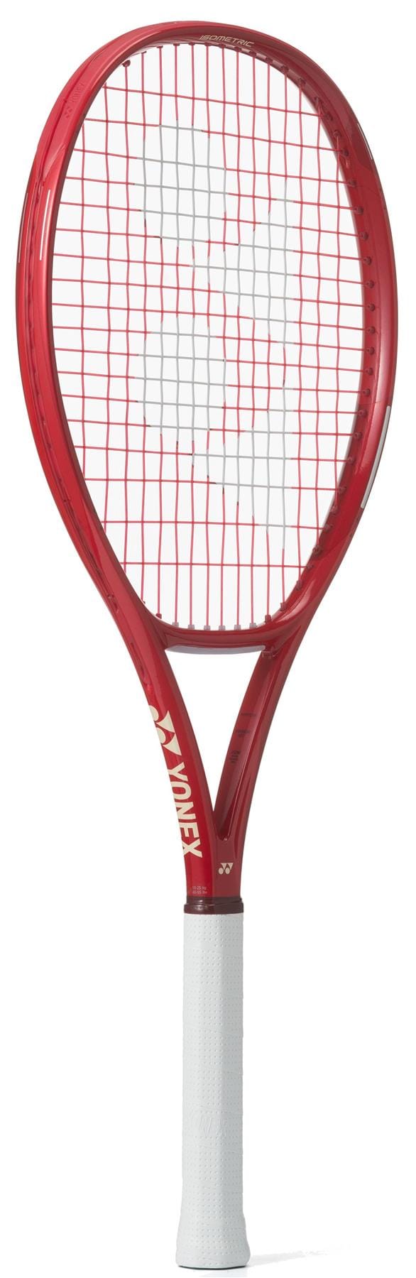 The Yonex VCORE Alpha L Ruby Red 2026 Tennis Racket is shown upright with a white grip, red frame, and white strings. The Yonex logo and ISOMETRIC technology appear on the strings and frame near the handle.
