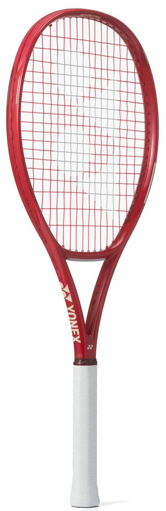The Yonex VCORE Alpha L Ruby Red 2026 Tennis Racket is shown upright with a white grip, red frame, and white strings. The Yonex logo and ISOMETRIC technology appear on the strings and frame near the handle.