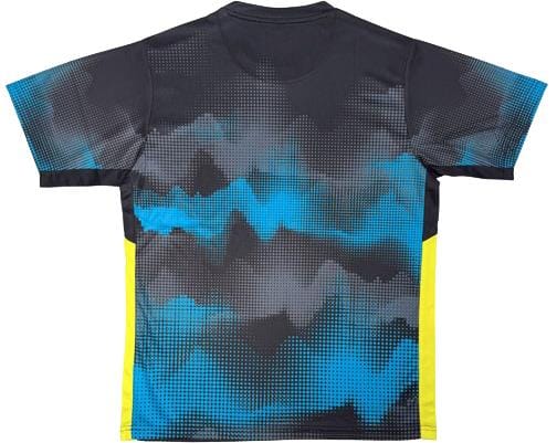 The Yonex YTM2025B Men's Tennis T-Shirt in black features a pixelated blue back, bright yellow side panels, crew neck, and quick-drying fabric—ideal for high-intensity tennis.