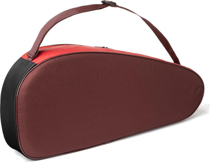 The Yonex 42523EX Team 3 Racket Tennis Bag in ruby red is a lightweight, triangular Yonex bag with a shoulder strap for easy carrying, shown on a white background.