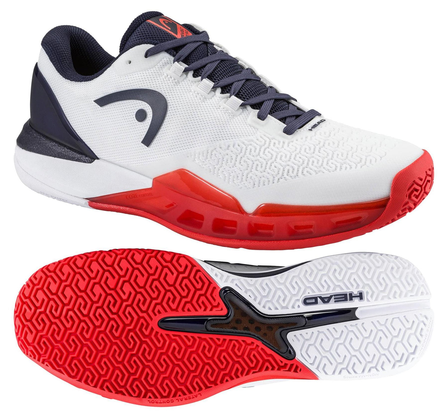 A pair of HEAD Revolt Pro 5.0 Men’s Tennis Shoes by HEAD in White/Navy; one shoe is shown from the side, the other displays its patterned sole—perfect for baseline players seeking style and performance.