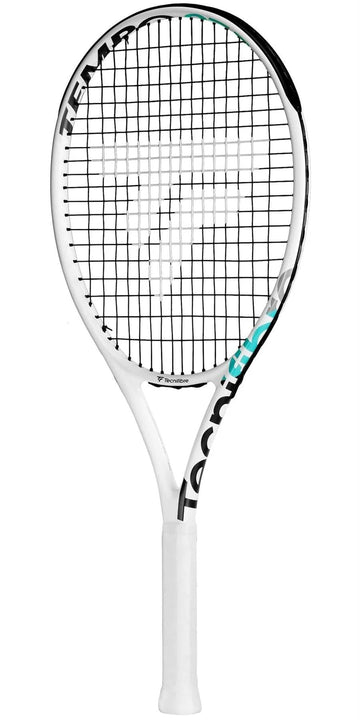 The Tecnifibre Tempo 265 Tennis Racket - White is a contemporary, lightweight, and powerful racket with a white frame and black and teal accents. Its stylish design, featuring black and gray grip and strings, makes it an ideal choice for club players looking for a dependable partner on the court.