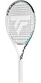 The Tecnifibre Tempo 265 Tennis Racket - White is a contemporary, lightweight, and powerful racket with a white frame and black and teal accents. Its stylish design, featuring black and gray grip and strings, makes it an ideal choice for club players looking for a dependable partner on the court.