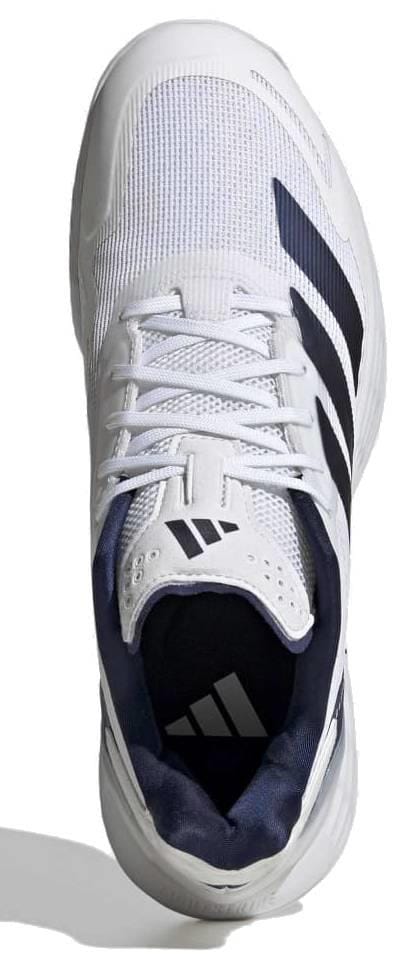 Top view of the adidas Defiant Speed 2 Men's Tennis Shoe in White/Navy, featuring a lightweight design, airy mesh upper, signature black stripes, white laces, and adidas logos on the tongue and insole.