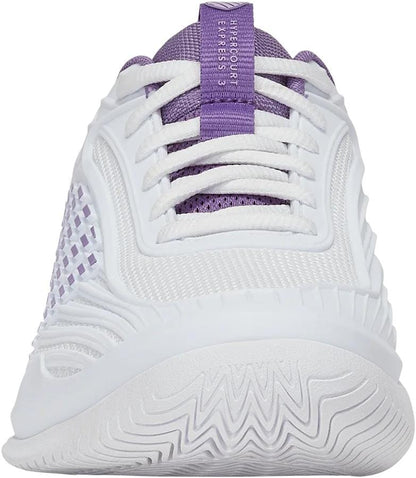 Front view of the K-Swiss Hypercourt Express 3 Womens Tennis Shoe in White/Purple Haze/Lunar Rock, featuring purple tongue and lace loops, mesh and synthetic details, a Surgelite+ midsole, and a textured wavy sole.