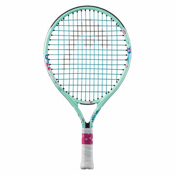 Introducing the HEAD Coco 17 Junior Tennis Racket in Mint, inspired by Coco Gauff. This contemporary racket showcases a modern teal hue with a pink grip and detailed patterning on its frame, highlighted by an eye-catching crisscross string design. Ideal for young players eager to excel on the court.
